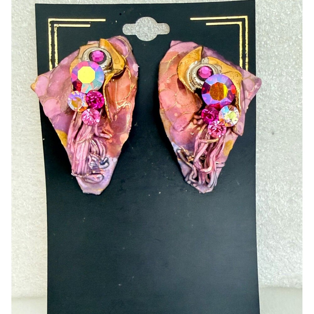 Vintage 1988 Lacombe Signed Abstract Mixed Media Clay Rhinestone Clip On Earring